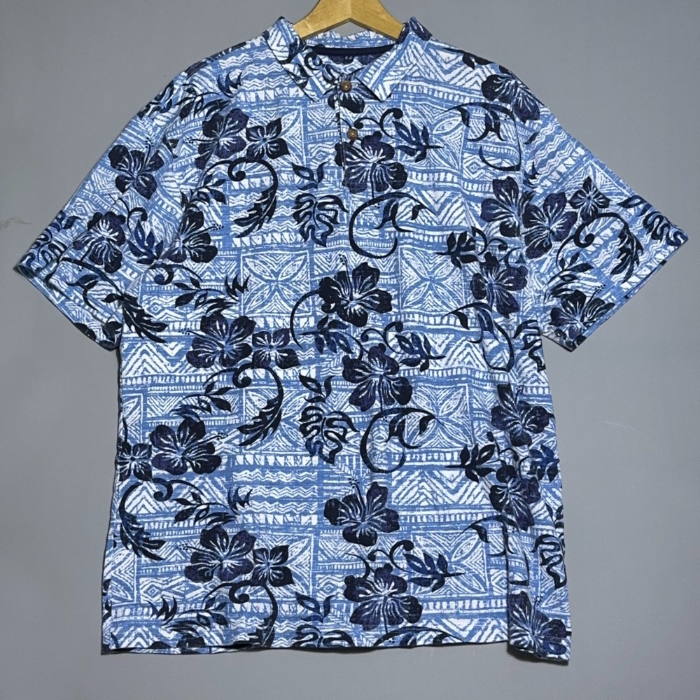 Crazy Shirts Hawaiian Polo Mens Size XL Resort Floral Blue Aloha Surf Beach